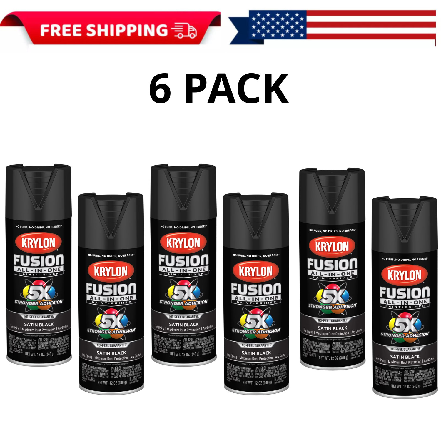 Krylon Fusion All-In-One, Satin, Black, 12 oz, 6 Pack
